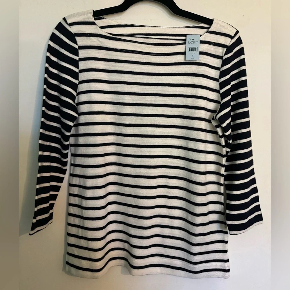 NWT‎ Loft Womens 3/4 sleeve boat neck striped sweater black navy white sz SP